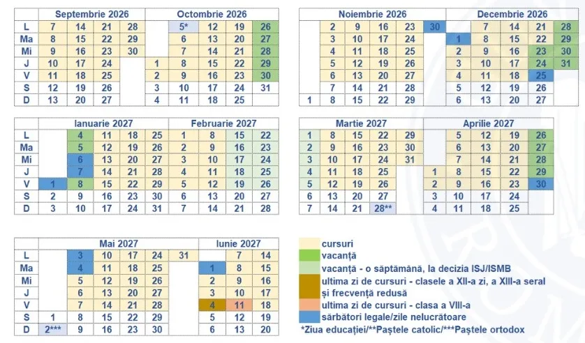 Calendarul vacanțelor școlare din România pentru anul universitar 2026-2027.